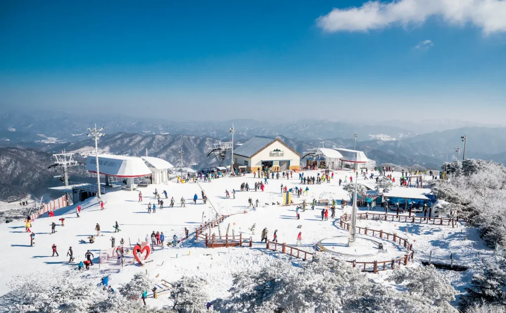 Top of a South Korean ski resort on a sunny day