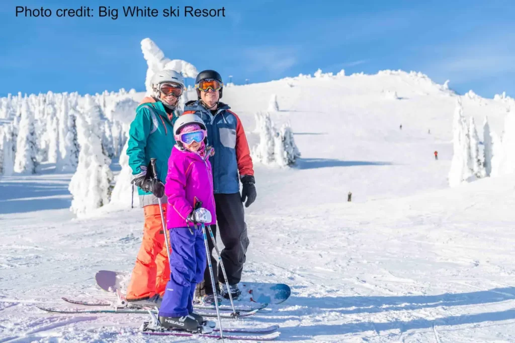 family on skis atop a run at Big White ski resort