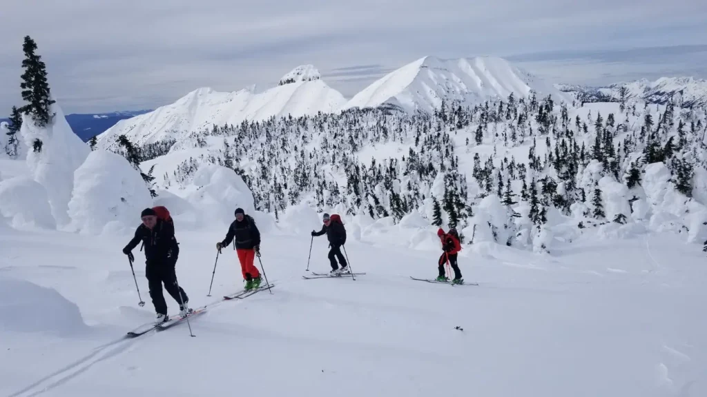 backcountry skiers traversing a section of the Powder Highway