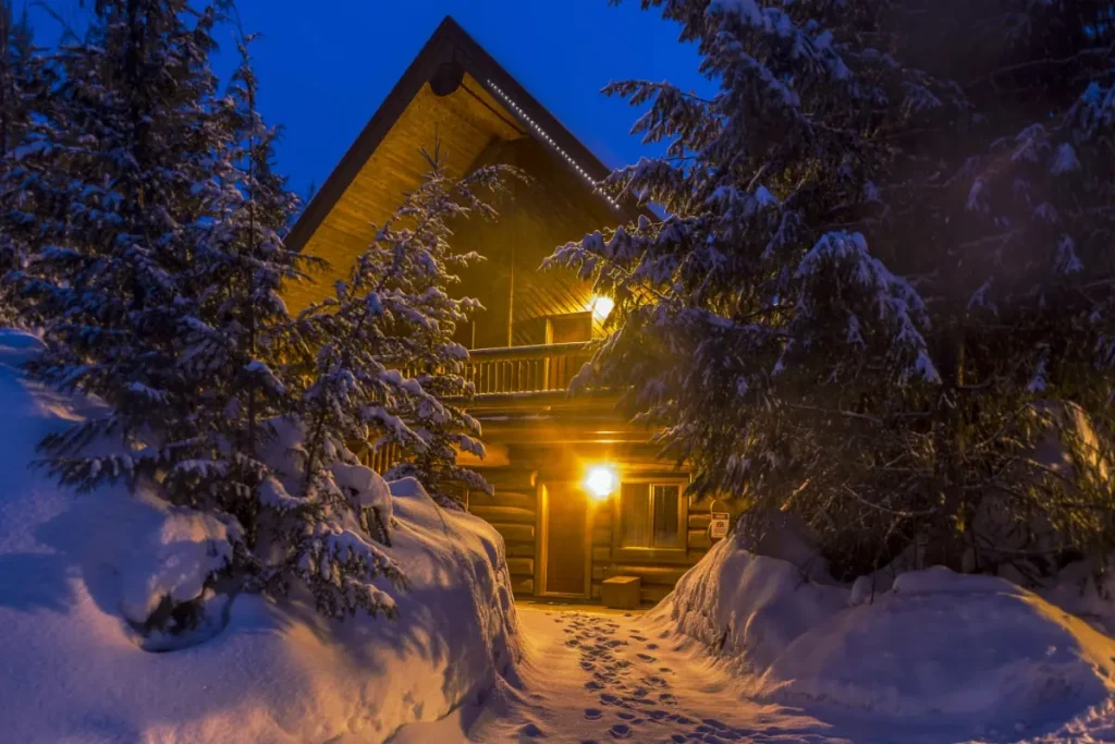 heli ski lodge at night