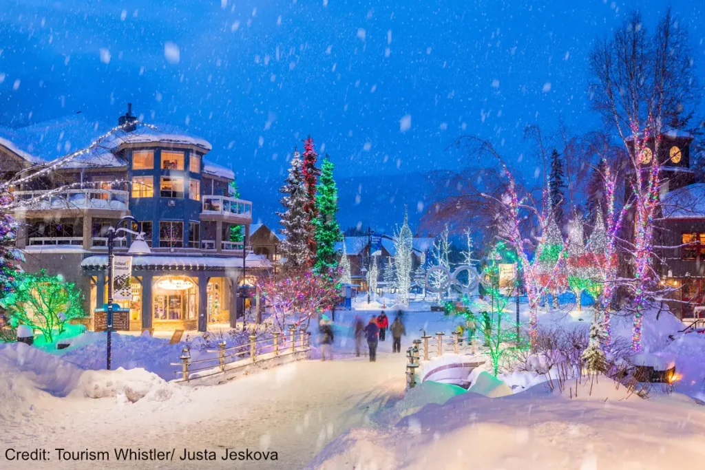 snowy evening at xmas time in Whistler village