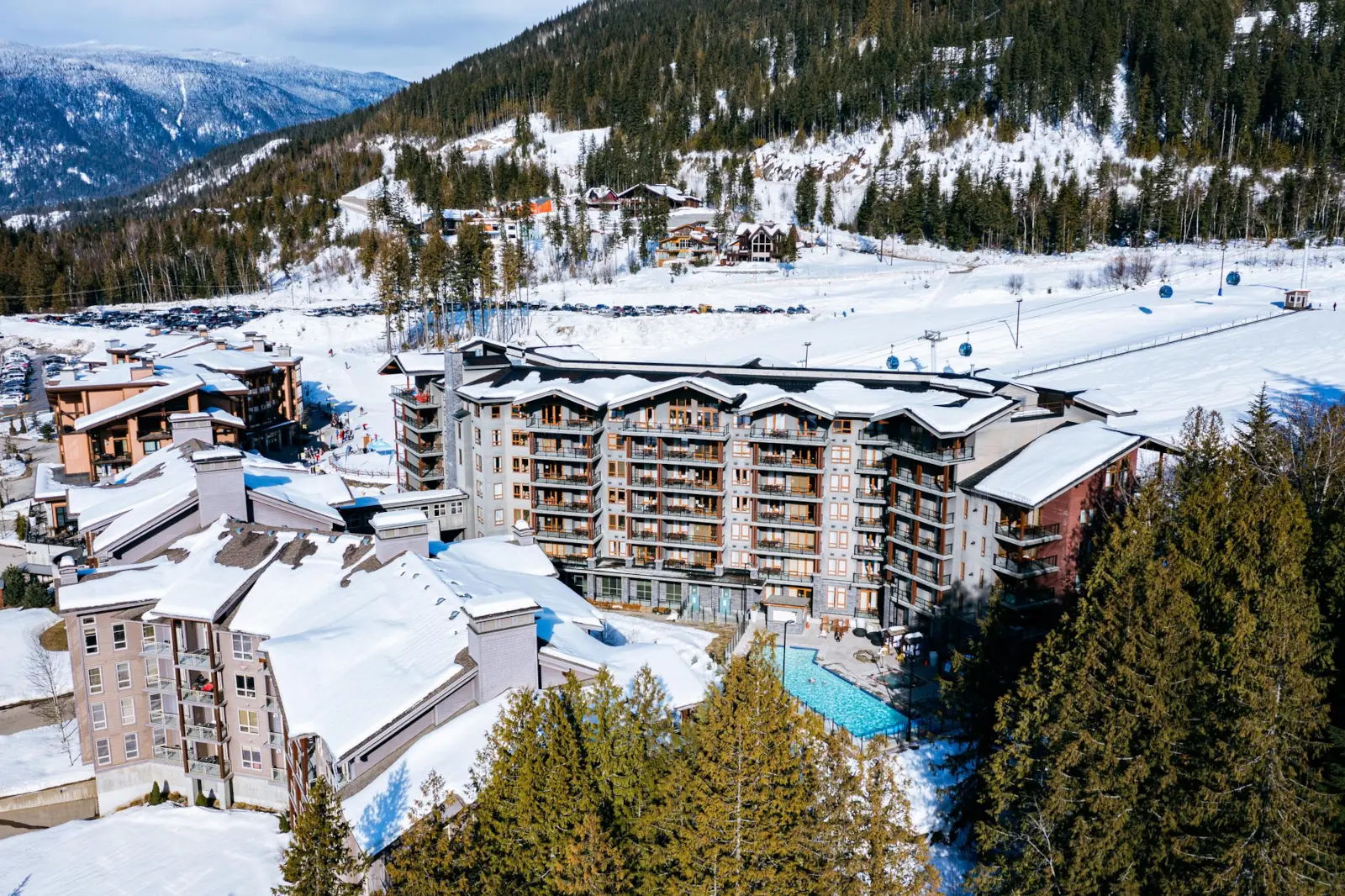 overhead view of Revelstoke Resort on a sunny day in winter